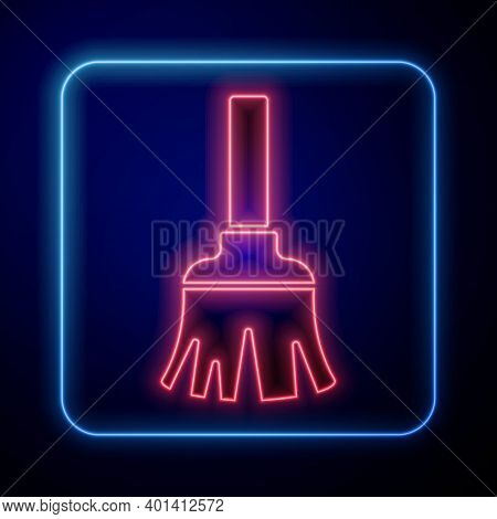 Glowing Neon Feather Broom For Cleaning Icon Isolated On Blue Background. Feather Duster. Vector