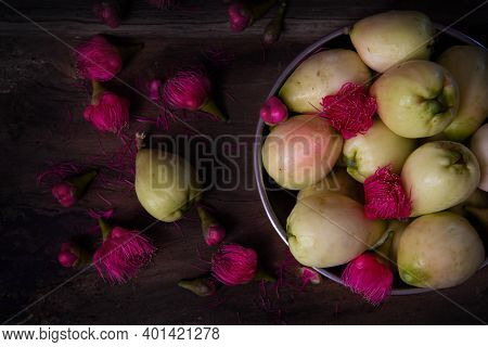 Beautiful Pink Malay Apple Flowers And Malay Apples On Wooden Table, Fruits Photography, Beautiful S