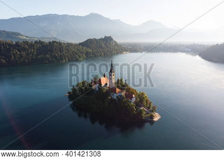 Aerial View Of Lake Bled Island Blejsko Jezero Upper Carniolan Julian Alps Mountains In Slovenia Eur