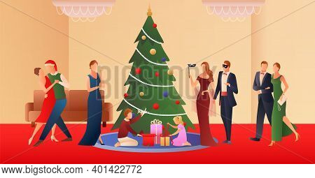 Christmas Flat Gradient Background With Adult Pares Dancing Around Decorated Fir And Children Unpack