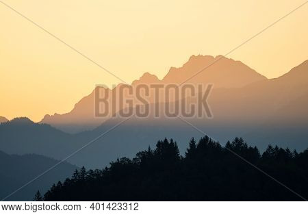 Panoramic Sunrise View Of Lake Bled Blejsko Jezero From Osojnica Viewpoint Hill Upper Carniolan Juli