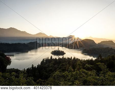 Panoramic Sunrise View Of Lake Bled Island Blejsko Jezero From Osojnica Viewpoint Hill Upper Carniol