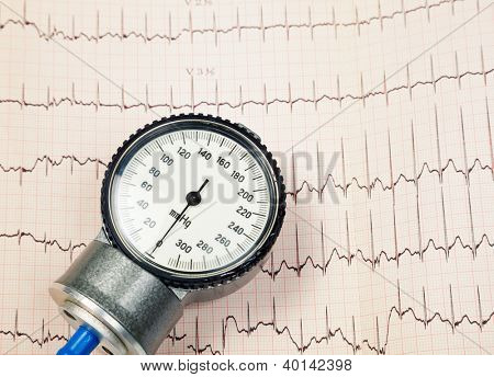 Aneroid bloeddrukmeter liggen op ECG-diagram