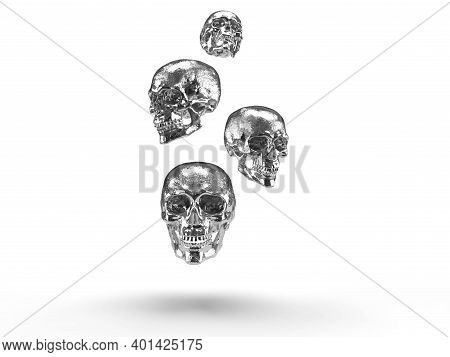 Silver Skulls 3d Render In White Background