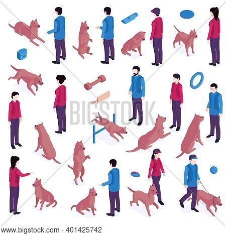 Isometric Dog Training Cynologist Set With Isolated Icons Of Toys Barriers And Human Characters Educ