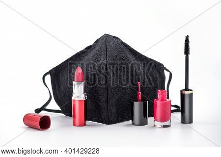 Beauty Concept During Coronavirus Pandemic - Female Black Protective Mask With Beauty Makeup - Lipst