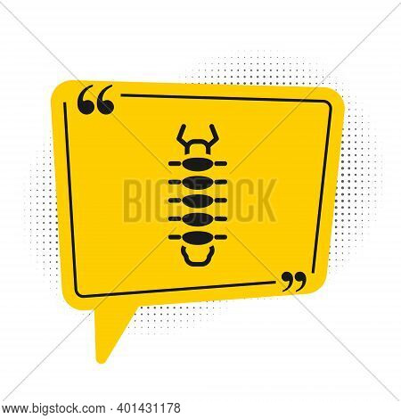 Black Centipede Insect Icon Isolated On White Background. Yellow Speech Bubble Symbol. Vector
