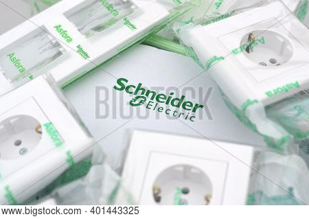 Kharkov, Ukraine - November 06, 2020: Schneider Electrics Box Of Plastic Electrical Outlets With Eur