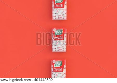 Kharkov, Ukraine - October 17, 2020: Many Tic Tac Candy Packages With Coca-cola Taste. Tic Tac Is Po