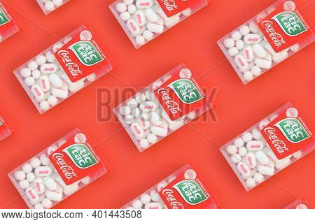 Kharkov, Ukraine - October 17, 2020: Many Tic Tac Candy Packages With Coca-cola Taste. Tic Tac Is Po