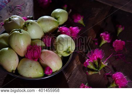 Beautiful Light And Shade Photography Malay Apples And Pink Malay Apple Flowers On Wooden Table, Fru