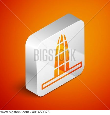 Isometric Agbar Tower Icon Isolated On Orange Background. Barcelona, Spain. Silver Square Button. Ve