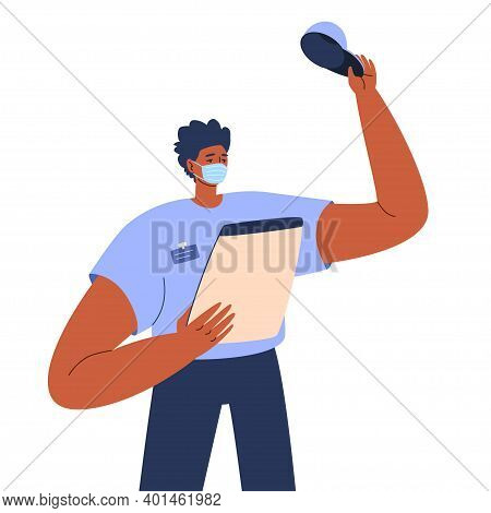 A Friendly Delivery Man In A Blue Uniform Waves His Hand. Young Man In A Protective Mask With An Inv