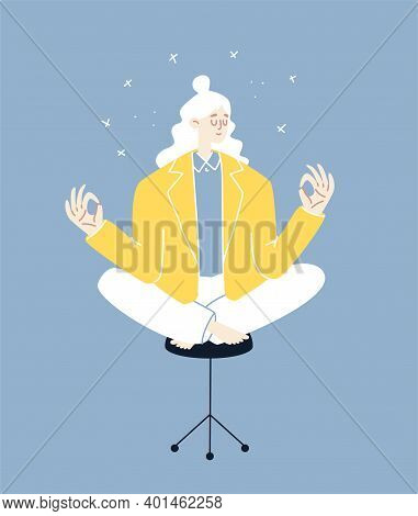 A Young Woman Meditates On An Office Chair. A Blonde In A Yellow Jacket Sits In A Lotus Position On 
