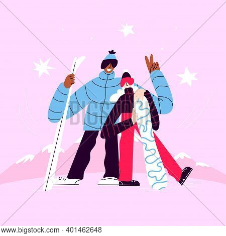 A Skier And A Snowboarder Stand Against The Background Of Mountains. A Guy With Skis In A Blue Jacke