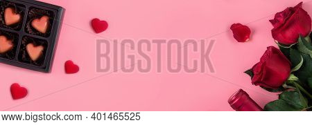Valentine's Day Dating Gift With Wine And Rose Concept On Pink Background