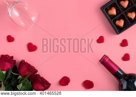 Valentine's Day Dating Gift With Wine And Rose Concept On Pink Background