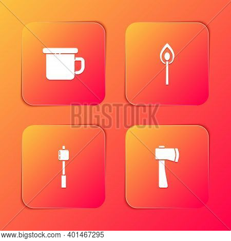 Set Camping Metal Mug, Burning Match With Fire, Marshmallow On Stick And Wooden Axe Icon. Vector