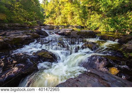 Michigan Upper Peninsula Waterfall Landscape. Silver Falls Is One Of Several Waterfalls Located In T
