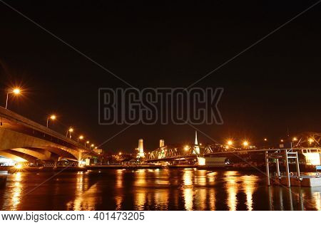 Landscape Of Phra Phuttha Yodfa Memorial Ancient Bridge Cross  River In Thailand Cin Night
