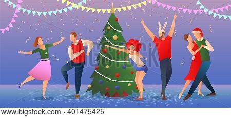Christmas Celebration Flat Gradient Horizontal Vector Illustration With Happy Adult People Dancing A