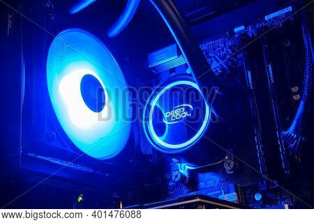 Open Pc System Unit With Ice Blue Light Liquid Cooling - Moscow, Russia, December 23, 2020