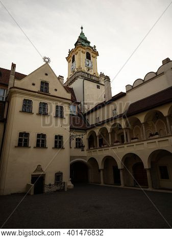 Inner Courtyard Patio Of Old Town Hall Stara Radnica At Main Square Hlavne Namestie In Historical Ce