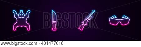 Set Line Bear Skin, Hunter Knife, Shotgun And Glasses. Glowing Neon Icon. Vector