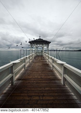 Lakeside Waterfront Esplanade Pavilion Gazebo Elevated On Wooden Pier Stilts In Lake Constance Boden