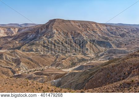 Zin Valley In The Middle Of Negev Desert In Israel. Top View From The Midreshet Ben-gurion