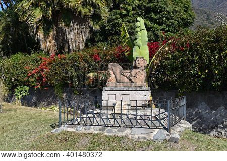 Ajijic, Mexico - November 28, 2020: A Replica Statue Of Ehecatl God Of The Wind On The Malecon In Aj