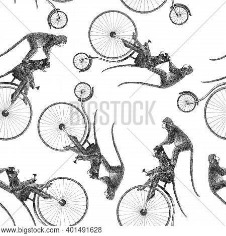 Beautiful Vector Stock Seamless Pattern With Cute Hand Drawn Monkey On Bike Pencil Illustrations.