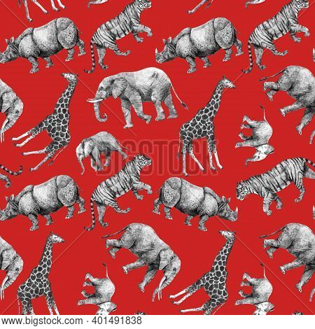 Beautiful Vector Stock Seamless Pattern With Cute Hand Drawn Safari Giraffe Elephant Tiger Monkey Rh