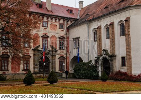 Castle Libochovice With French Style Park And Garden, Romantic Baroque Chateau In Winter Day, Castle