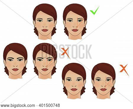 Set Of 3 Woman's Face And Their Correction With The Length Of An Eyebrow. Isolated On White Backgrou