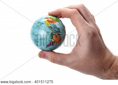 Earth Globe In Human Hand On White Background