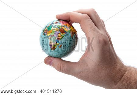 Earth Globe In Human Hand On White Background