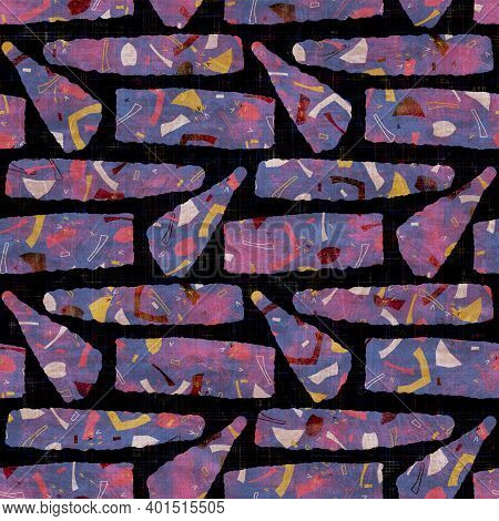 Seamless Dark Geometric Block Print Background. Boho Ethnic Soft Furnishing Fabric Style. Tie Dye Pa