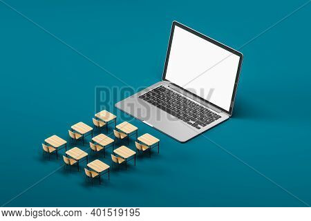 Side View Of Laptop With Mock Up Screeen And Row Of Desks Over Blue Background. Online Education Con
