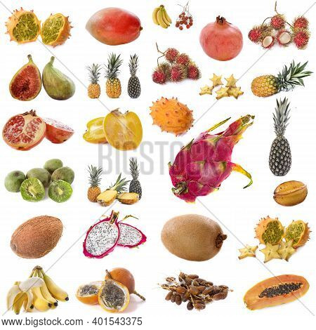 Composite Picture Of Exotic Fruits In Front Of White Background