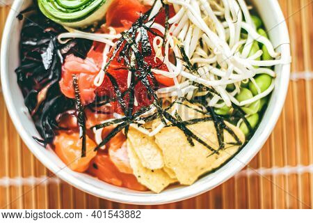 Pescatarian Salmon Salad With Beans, Cucumber And Sprouts For Healthy Diet, Food Delivery Service An