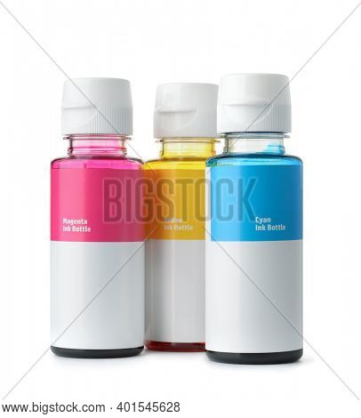 Front view of printer color ink bottles isolated on white