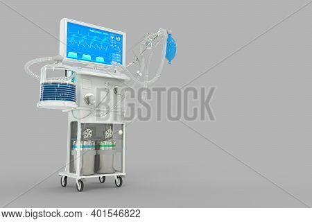 Medical 3d Illustration, Icu Artificial Lung Ventilator With Fictive Design Isolated On Grey Backgro