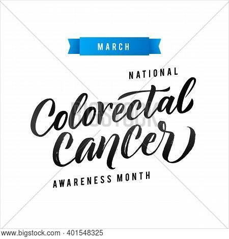 Colorectal Health Awareness Month Vector Illustration. Ribbon Around Letters. Vector Stroke Blue Rib