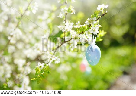 Close-up Photo Of Multicolored Easter Eggs Hanging On A Branch Of A Blossoming Apple Tree During Tra
