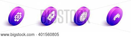 Set Isometric Revolver Cylinder, Playing Cards, Old Wooden Wheel And Wild West Covered Wagon Icon. V