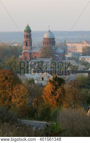 Trostianets (trostyanets) Cityscape. Ascension Church Is Central To The Composition. Bright Autumn T