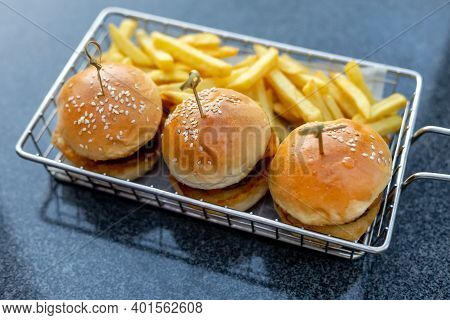 Mini Burgers With French Fries Served At The Bar, Finger Food