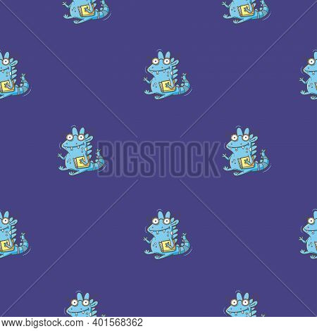 Seamless Pattern With  Cute Cartoon Smart Dragon On Purple Background. Funny Birds Print. Reading Re
