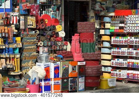 Istanbul, Turkey - October 06, 2020. Market Of Building And Finishing Materials In The Street. Comme